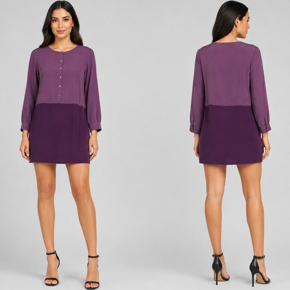 Eileen Fisher 100% Silk Colorblock Tunic Dress Purple Plum Long Sleeve Size PL